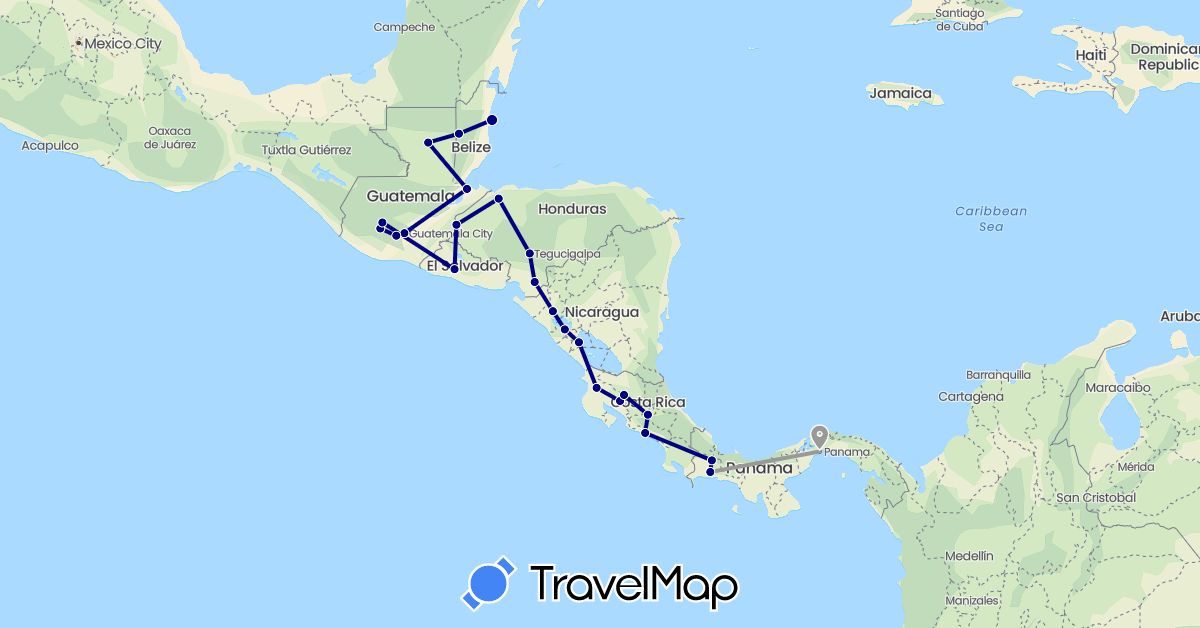 TravelMap itinerary: driving, plane in Belize, Costa Rica, Guatemala, Honduras, Nicaragua, Panama, El Salvador (North America)