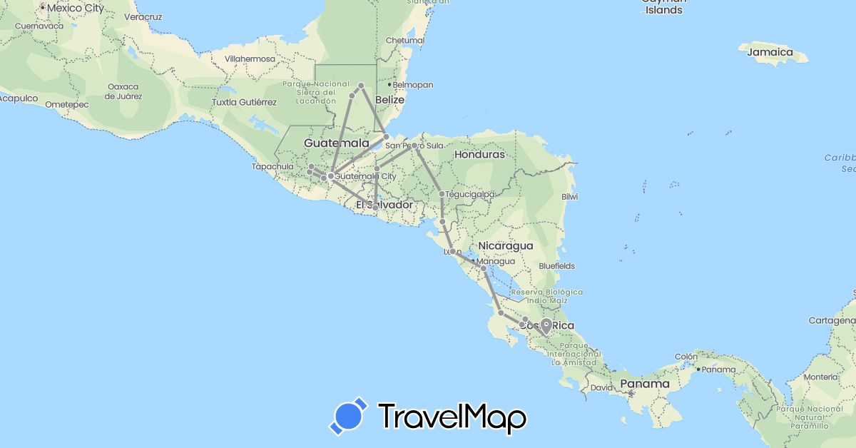 TravelMap itinerary: driving, plane in Costa Rica, Guatemala, Honduras, Nicaragua, El Salvador (North America)