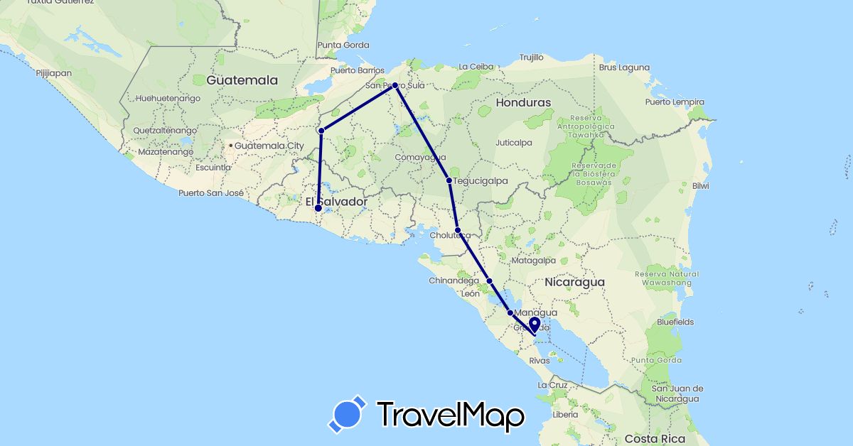 TravelMap itinerary: driving in Honduras, Nicaragua, El Salvador (North America)